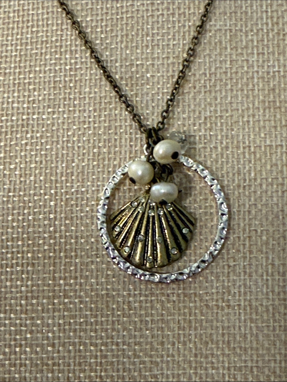 Avon Gold-Tone Shell Pendant Necklace with White Pearl Accents